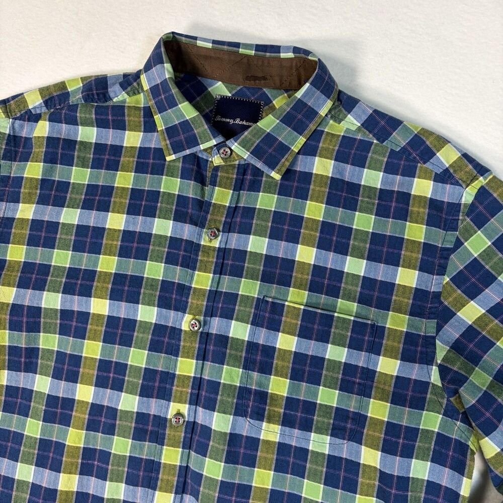 Tommy Bahama Mens L Blue Green Plaid Button Down Shirt Long Sleeve Cotton